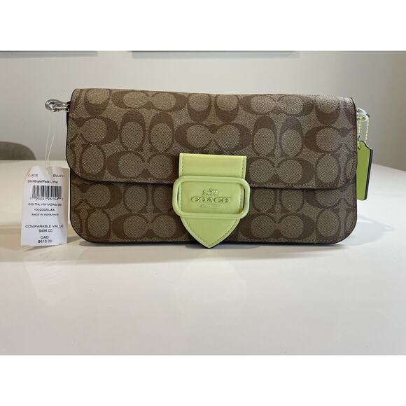 NWT Coach CJ616 Morgan Shoulder Bag Signature Canvas Khaki Pale Lime Leather